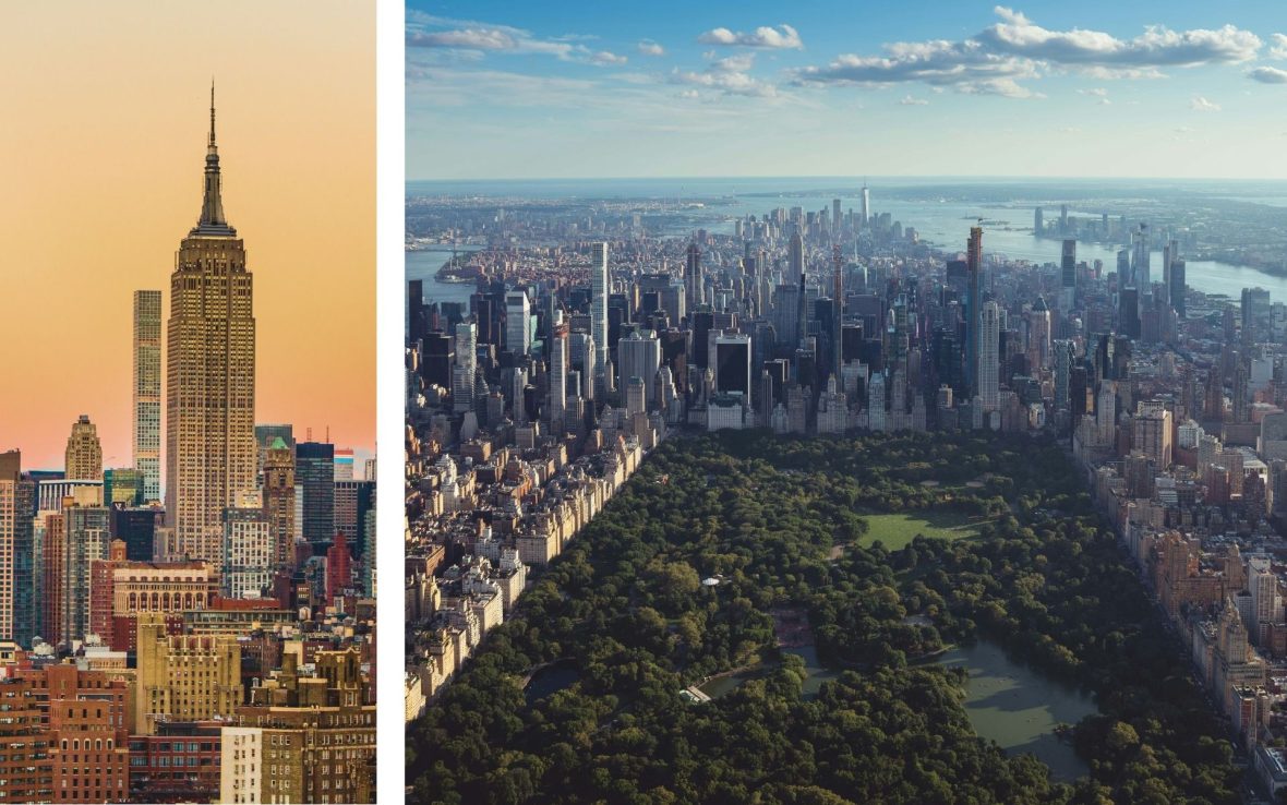 Left: Manhattan at daybreak. Right: Aerial view of Central Park, surrounded by skyscrapers.