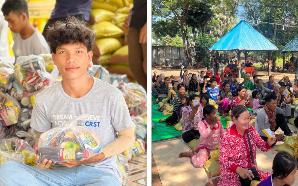 Left: A young man wearing gray shirt smiles; Right: A community gathers.