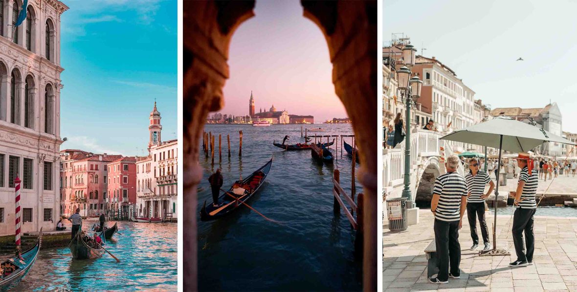 Three photos showing male gondoliers in Venice.