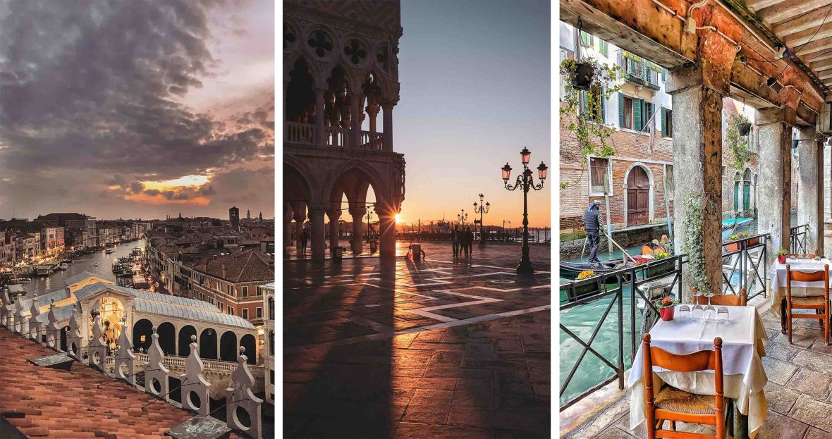 Left: A view over Venice with buildings and canal. Middle: Sunset at a plaza. Right: A cafe by a canal.