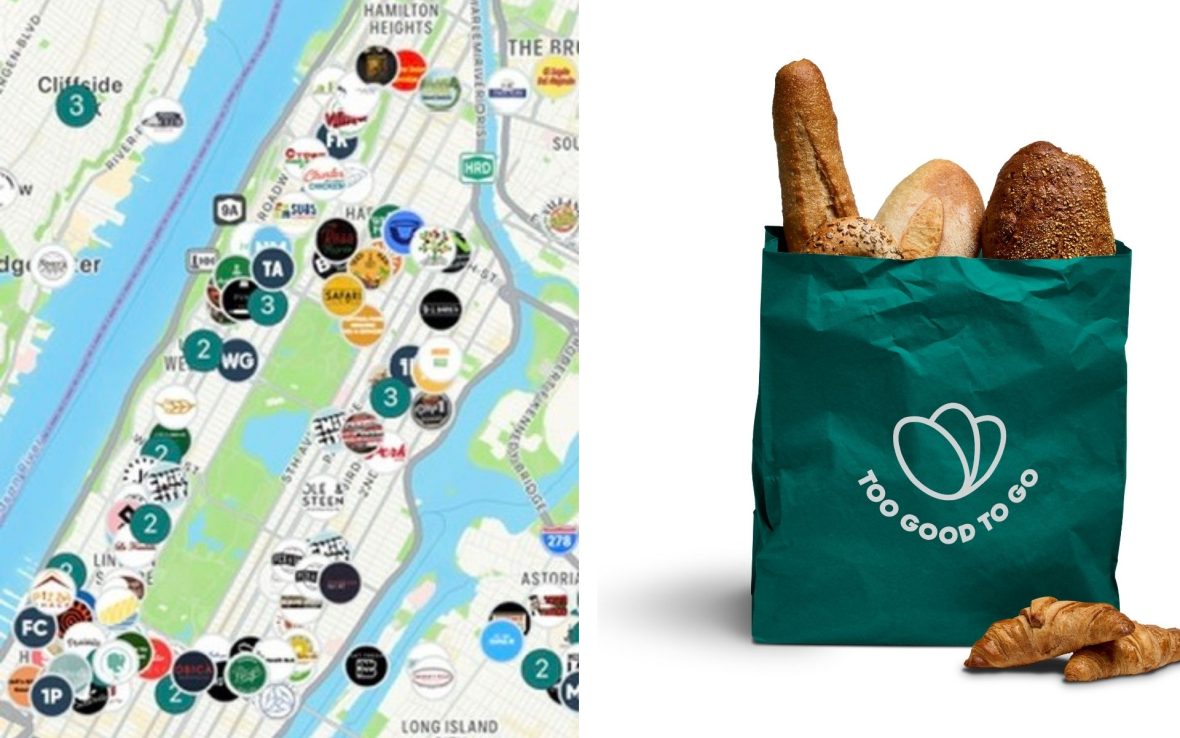 Left: A screenshot of a map of restaurants in New York with 'surprise bags' available on Too Good to Go. Right: Baguettes and loaves of bread stick out of a green bag with the Too Good To Go logo.
