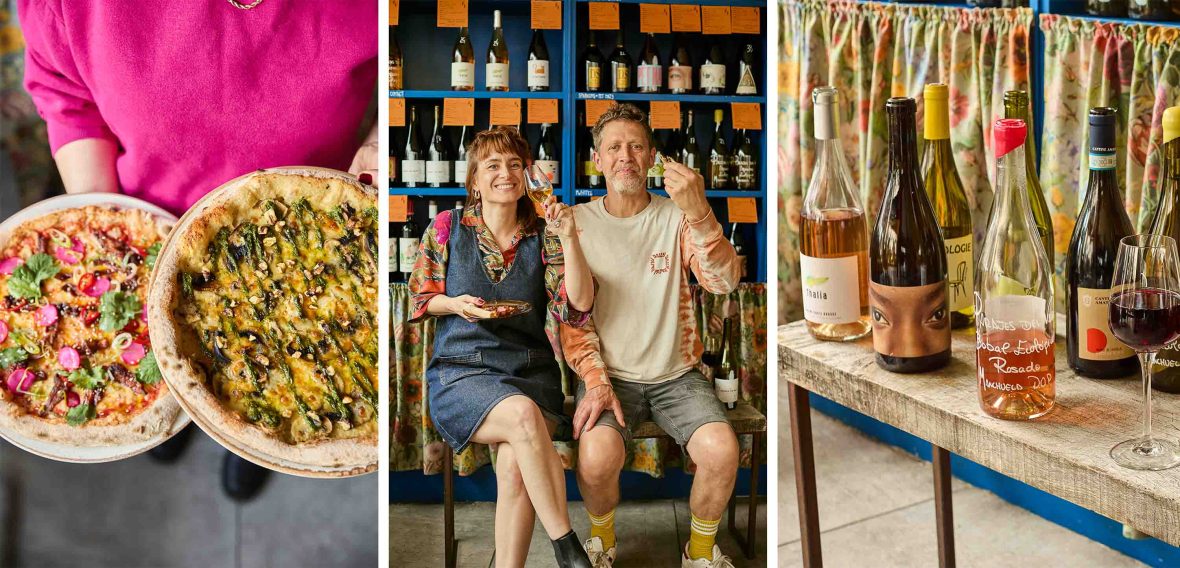 Left: Hands holds two plates of pizza. Middle: A man and woman sit side by side smiling. They hold wine and pizza in their hands. Right: Bottles of wine on a shelf.