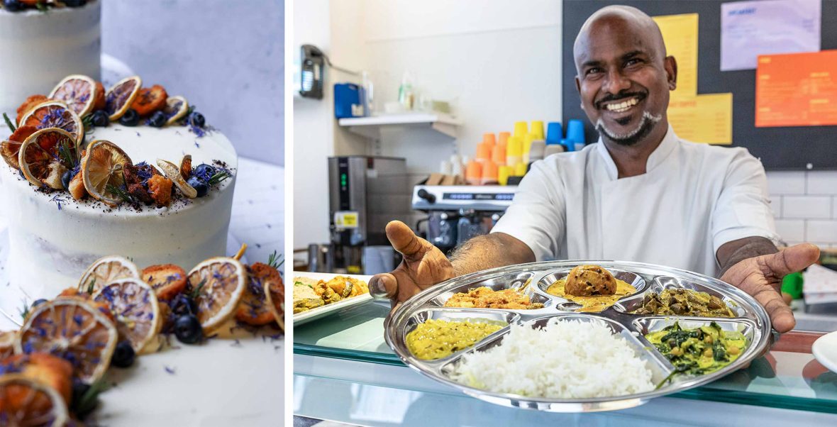 Left: Two cakes with white frosting and dried oranges on top. Right: A man holds out a tray with various curries and pickles on it.