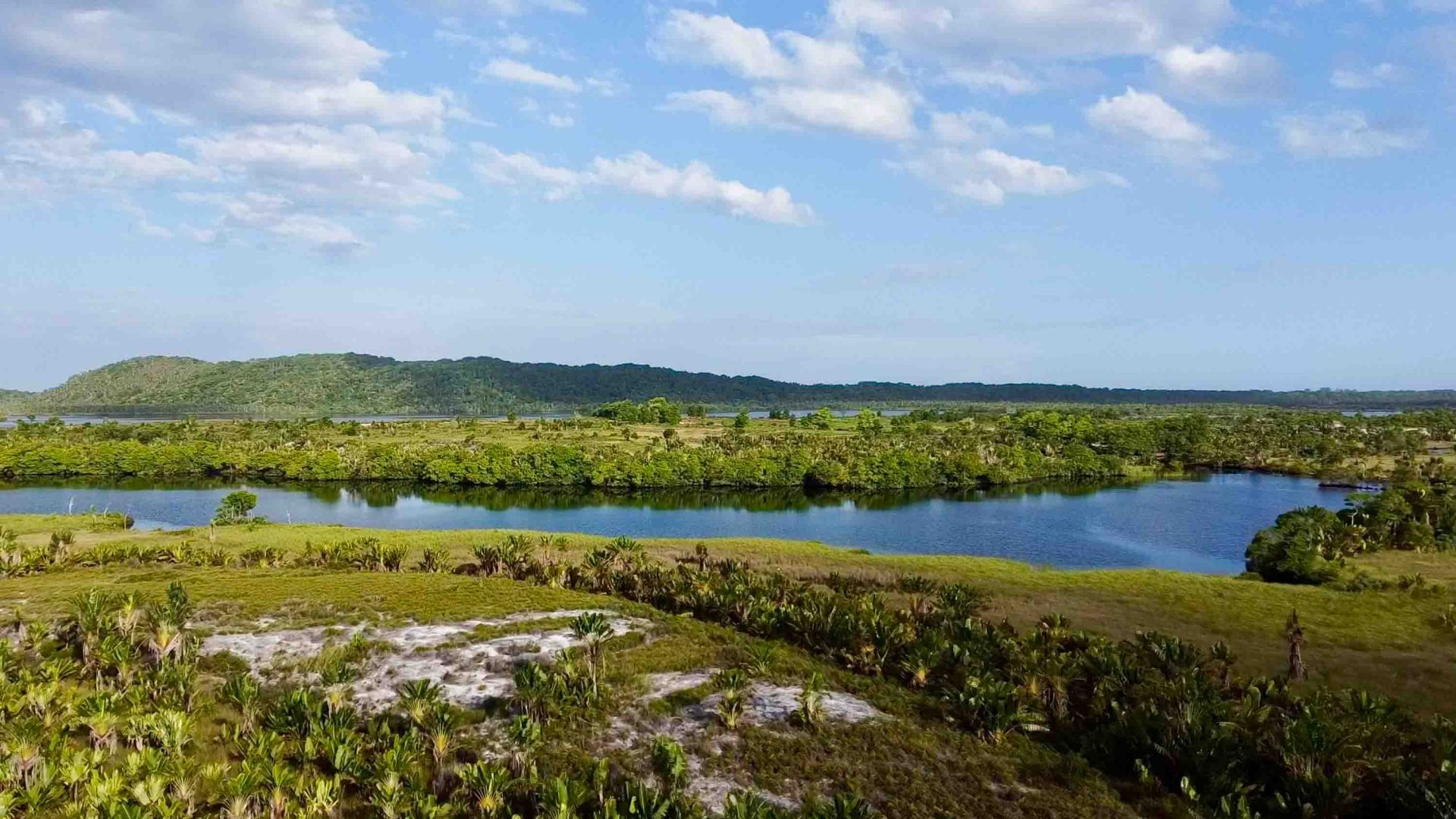 Cleared land and forested land surround a lake.