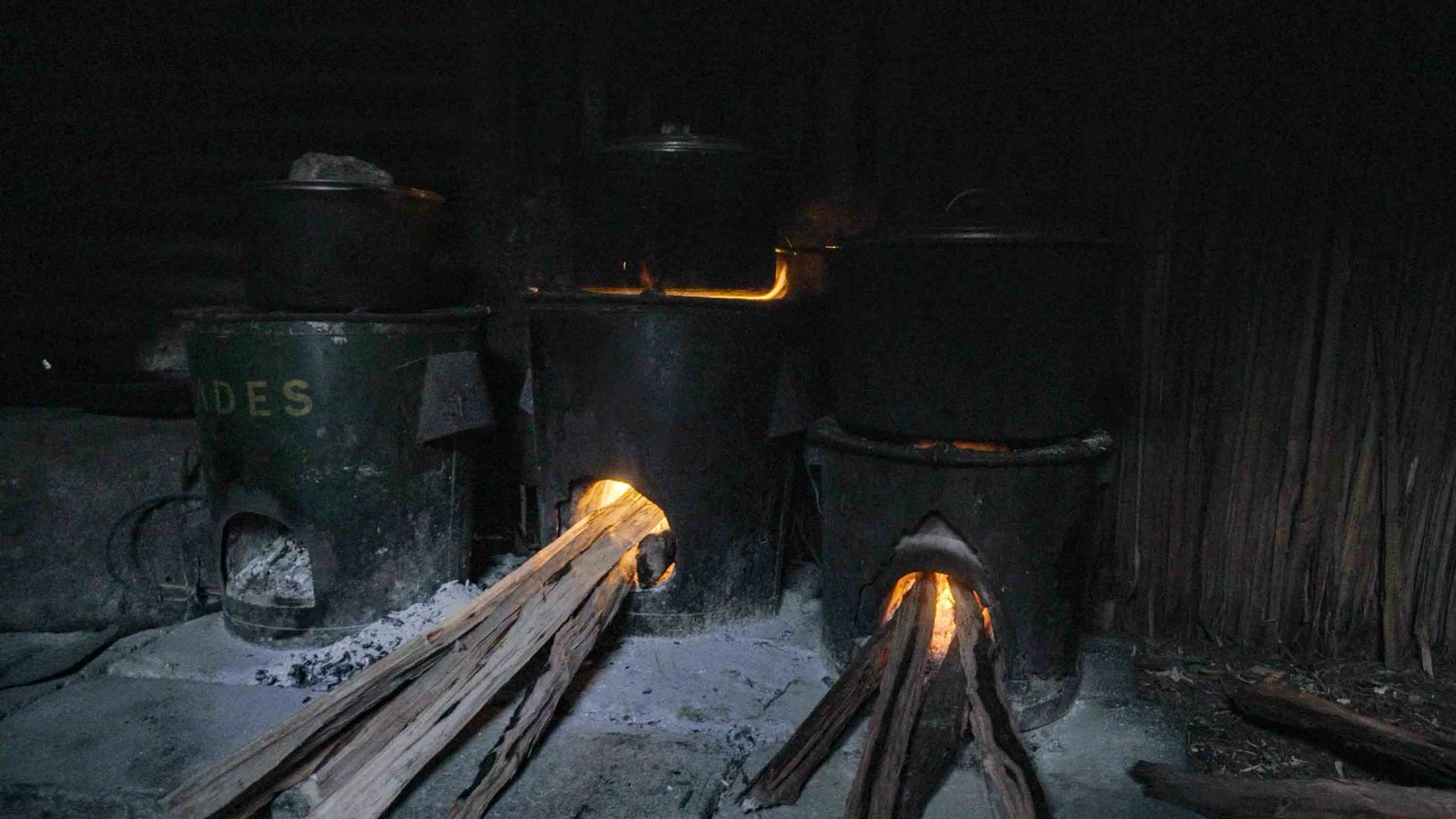 A row of stoves burn through logs of wood.