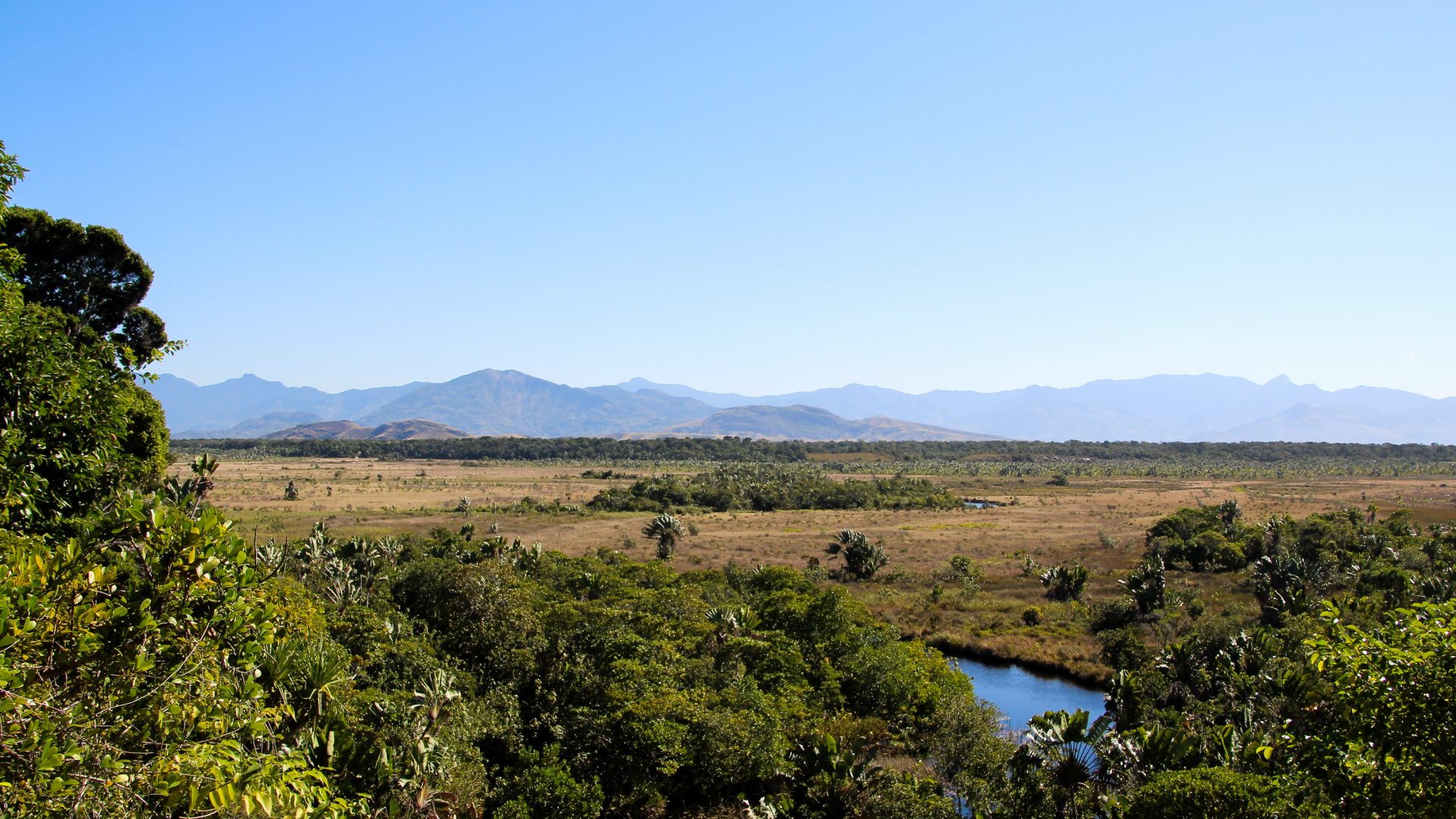 Trees lead to a lake and plains lead to mountains.