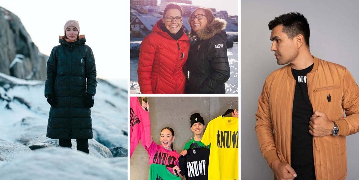Left: A model wears a long coat in the snow. Top middle: Two women in puffy jackets laugh. Bottom middle: A man and a woman hold up a range of coloured t shirts. Right: A man models a tan colored jacket.