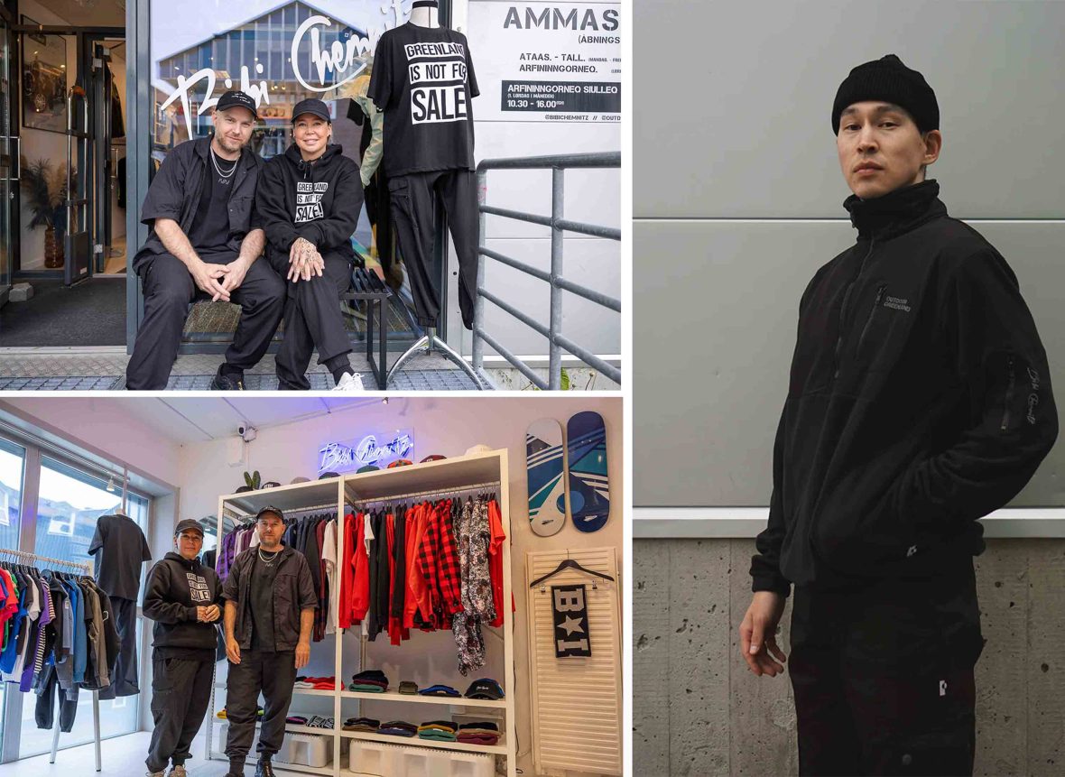 Top: A man and a woman sit next to a mannequin wearing a top that reads 'Greenland is not for sale'. Right: A model wearing a black jacket and black pants.