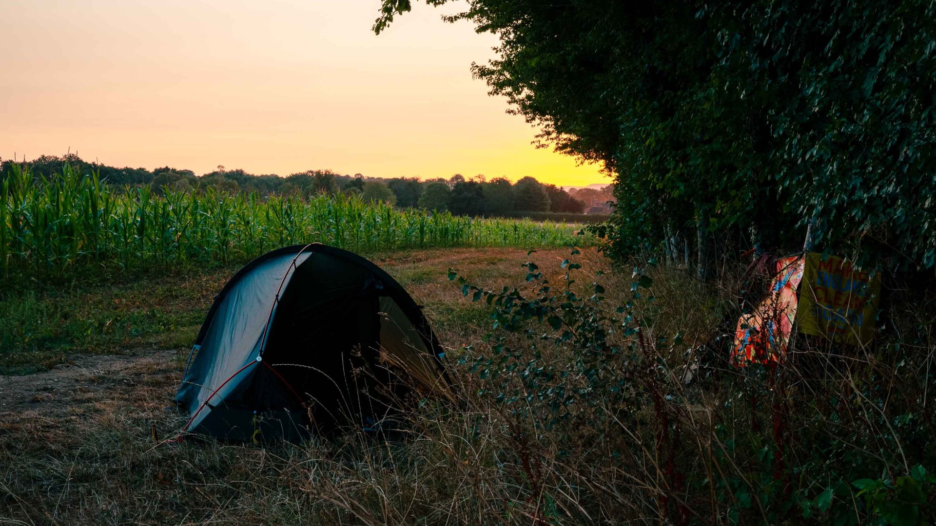 A tent and bike in a field below a bright sunset.