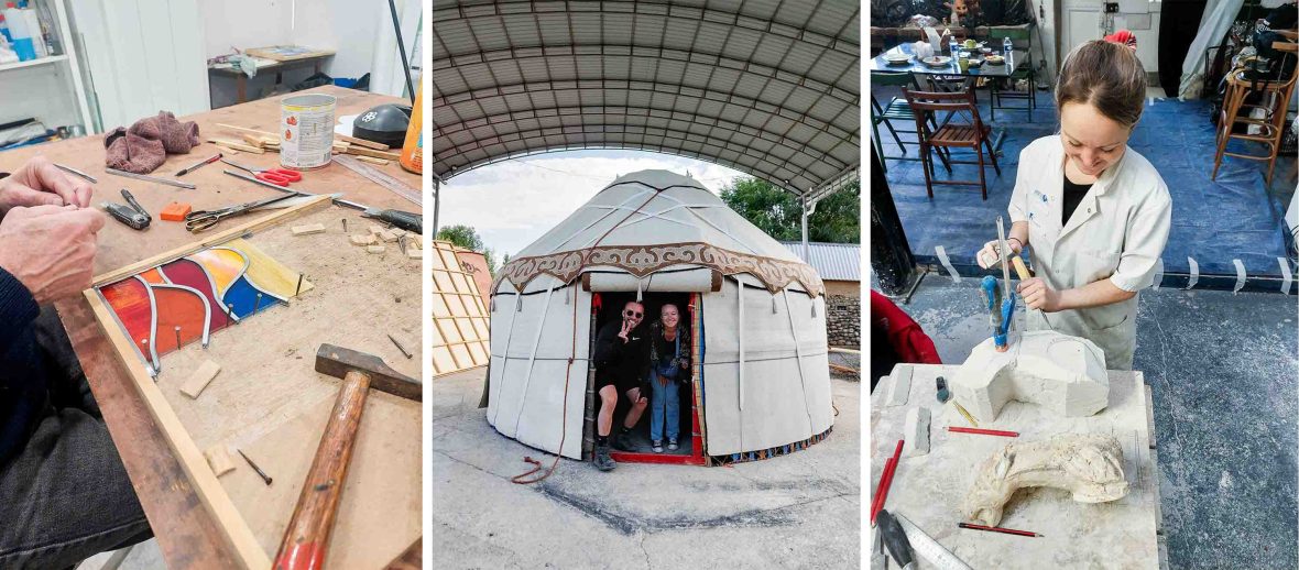 Left: A male hand works on a stained glass window. Middle: A man and a woman in a yurt. Right: Carving a gargoyle.