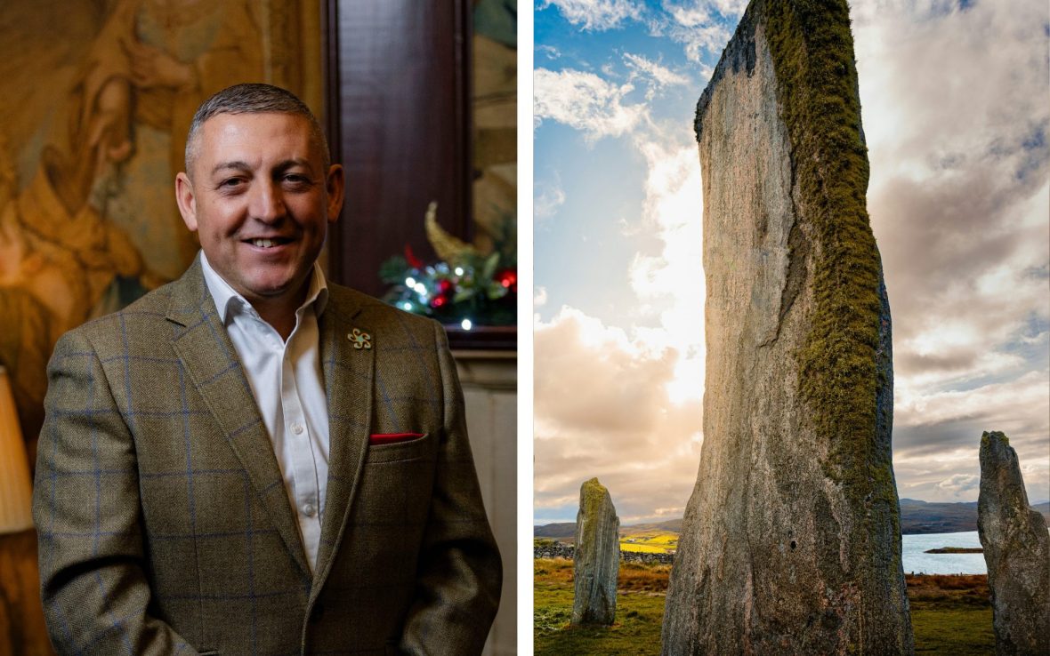Left: Man wearing plaid suit smiles; Right: The standing stones that inspired 'Outlander'.