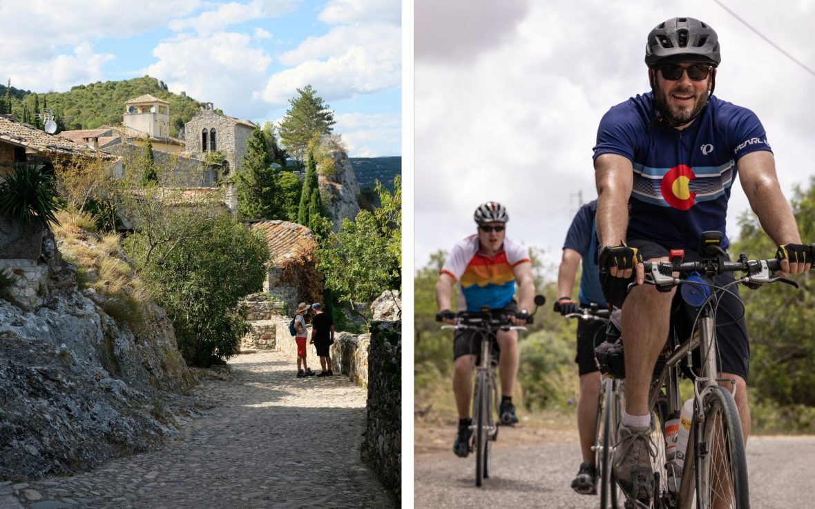 Left: Two people chat standing on cobblestone road; Right: Three people ride bikes, wearing black helmets.