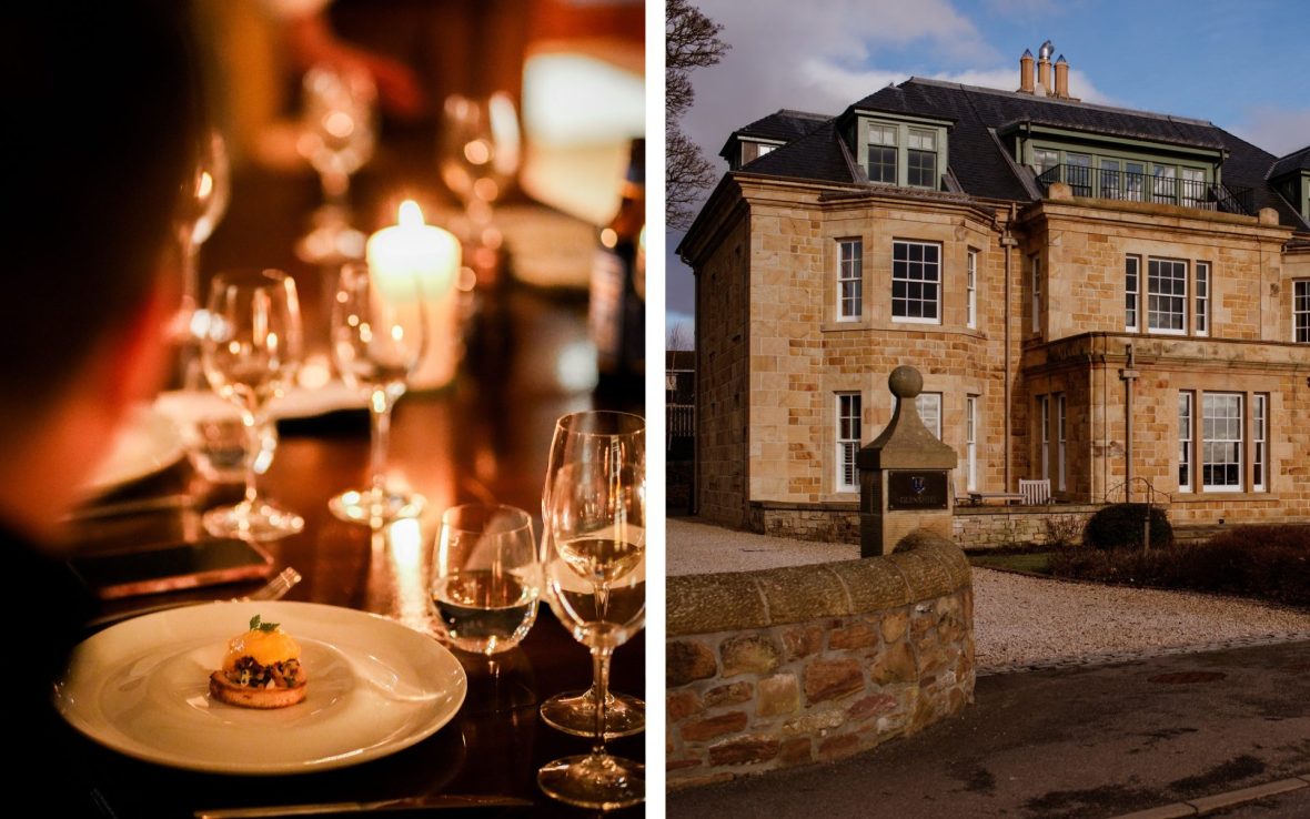Left: An elaborate dining table lit by candles; Right: A tan stone building