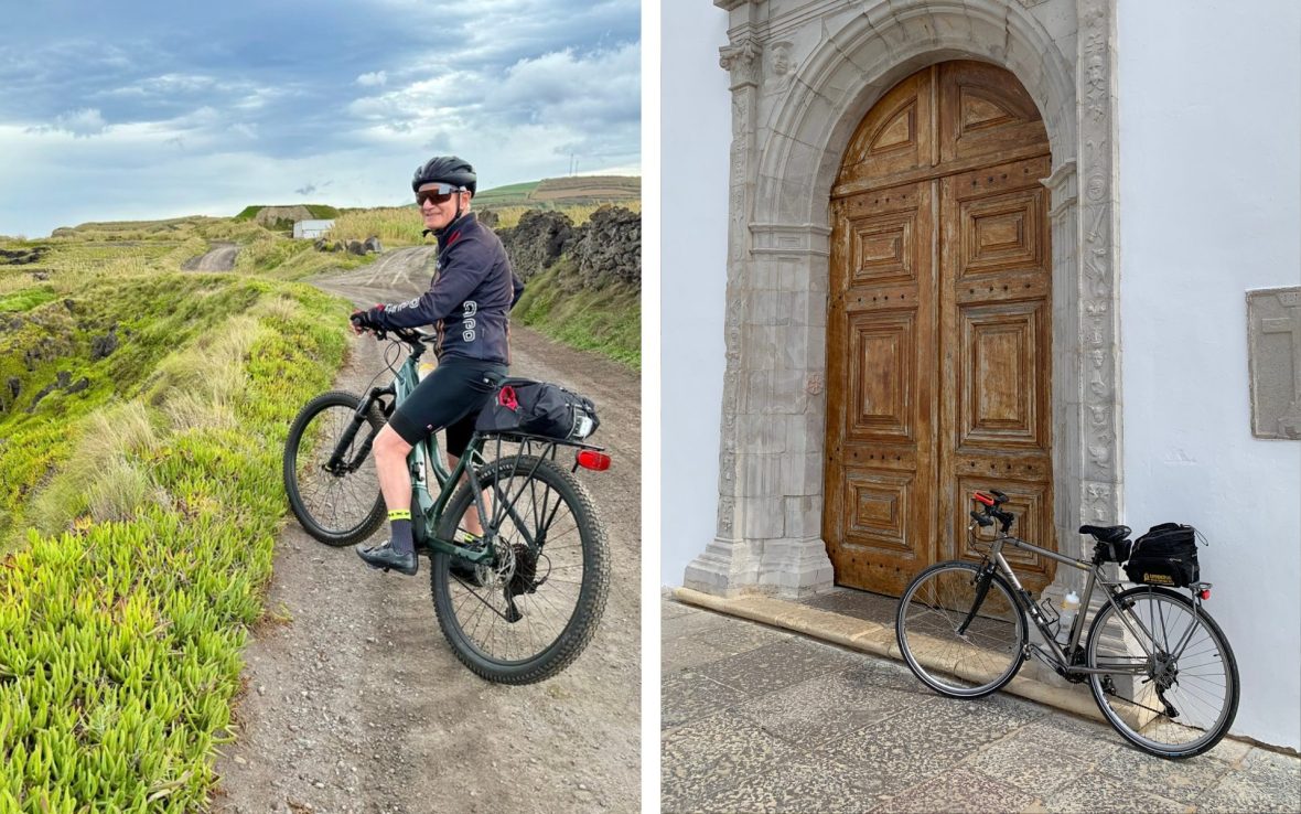 Left: Man in black rides bike down gravel path; Right: Bike leans against stone wall.