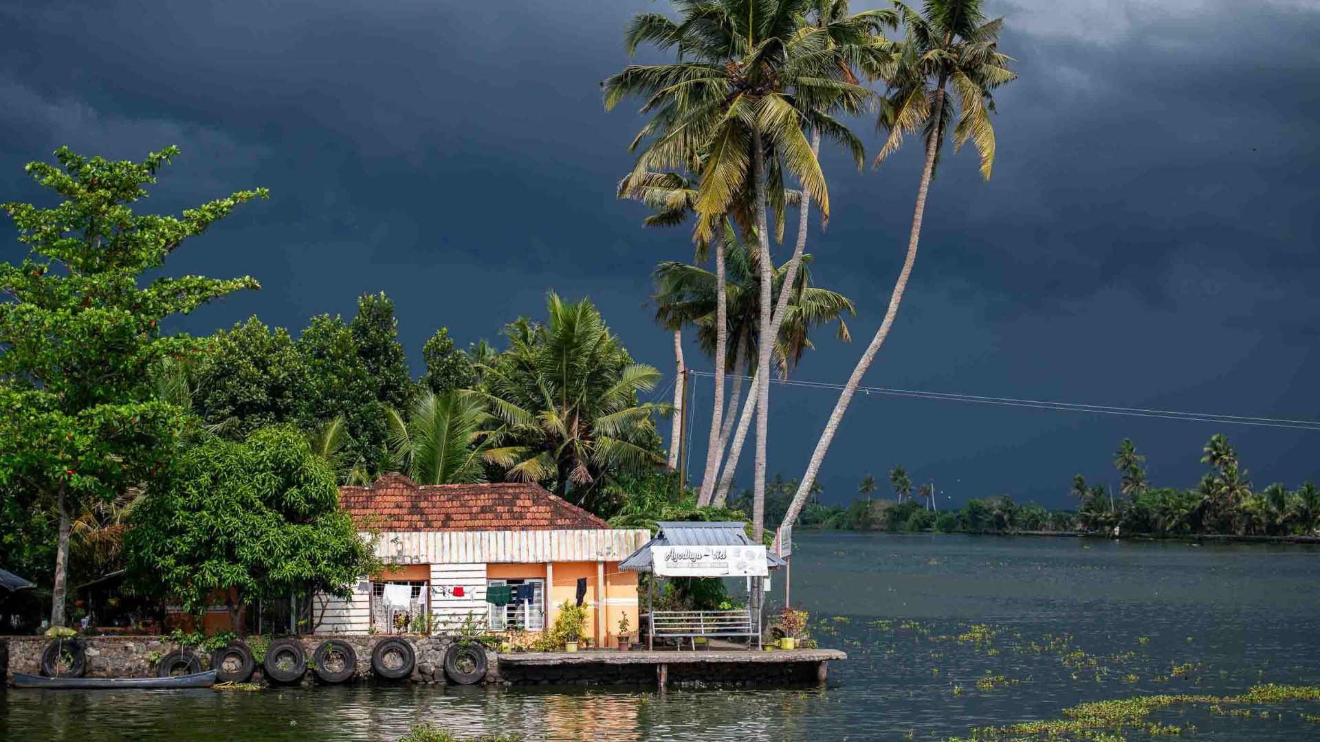 A house and some palm trees under a stormy sky.