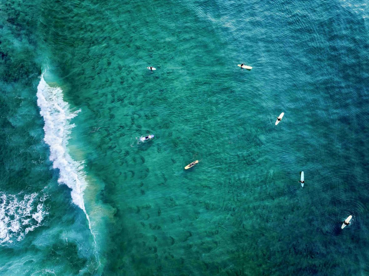 A drone photo of people surfing.
