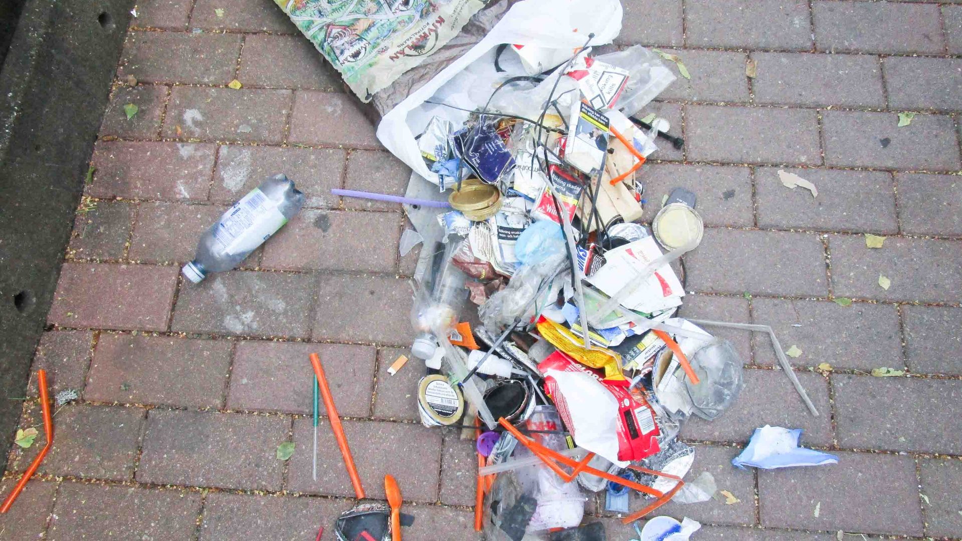 Litter spills from a trash bag.