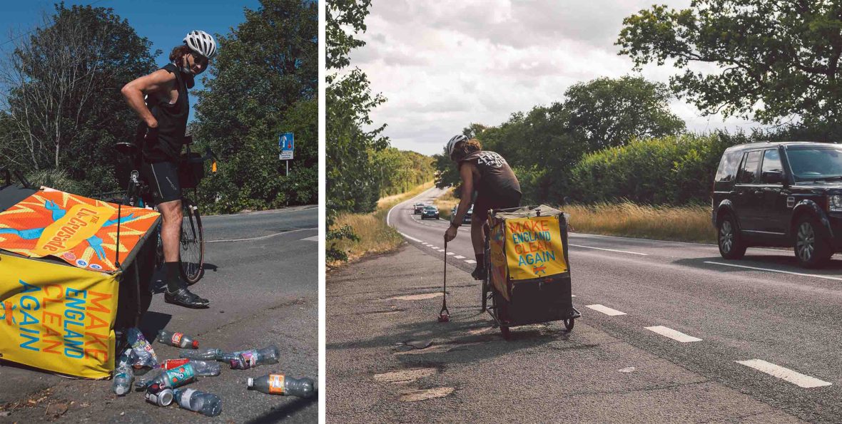 Left: Trash spills from a trailer. Right: A man on a bike picks up trash from the edge of a road.