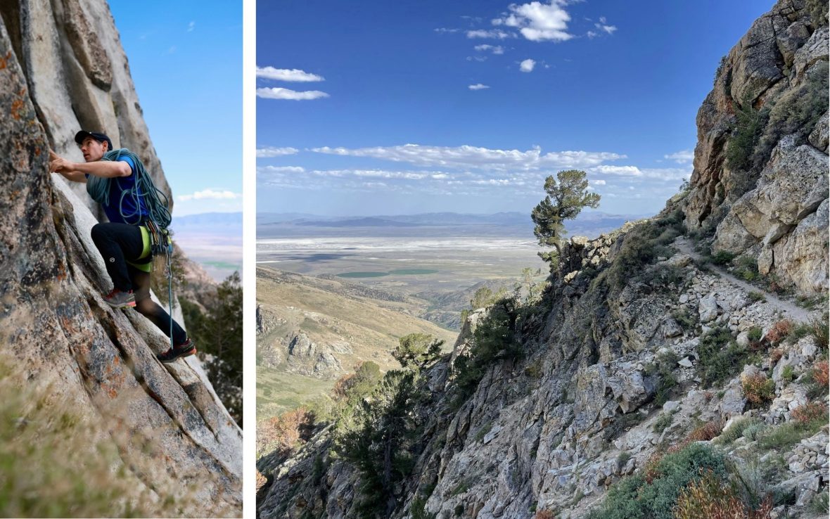 Left, Alex Honnold climbs a mountain in Nevada. Right, a cliffside view of the vista from the Ruby Mountains.