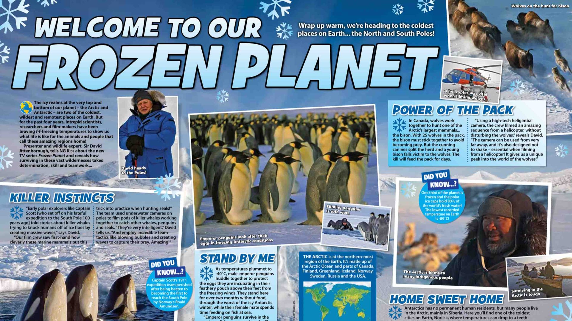 A magazine layout with the heading 'Welcome to our Frozen Planet' and various photos and words.