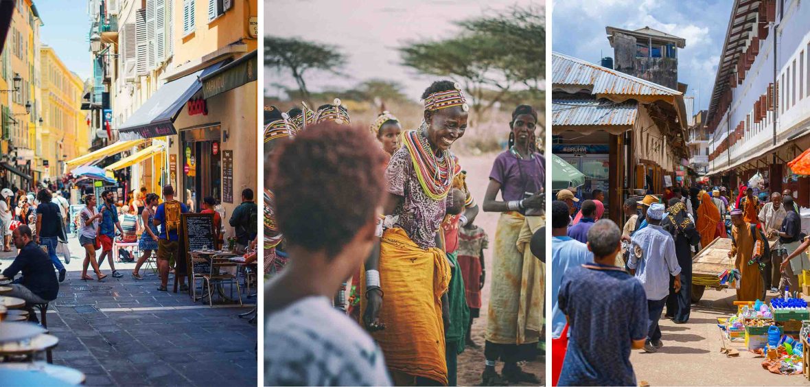 Left: A cafe and street scene. Middle: Men in traditional beads dance. Right: A street scene with people walking and various stores.