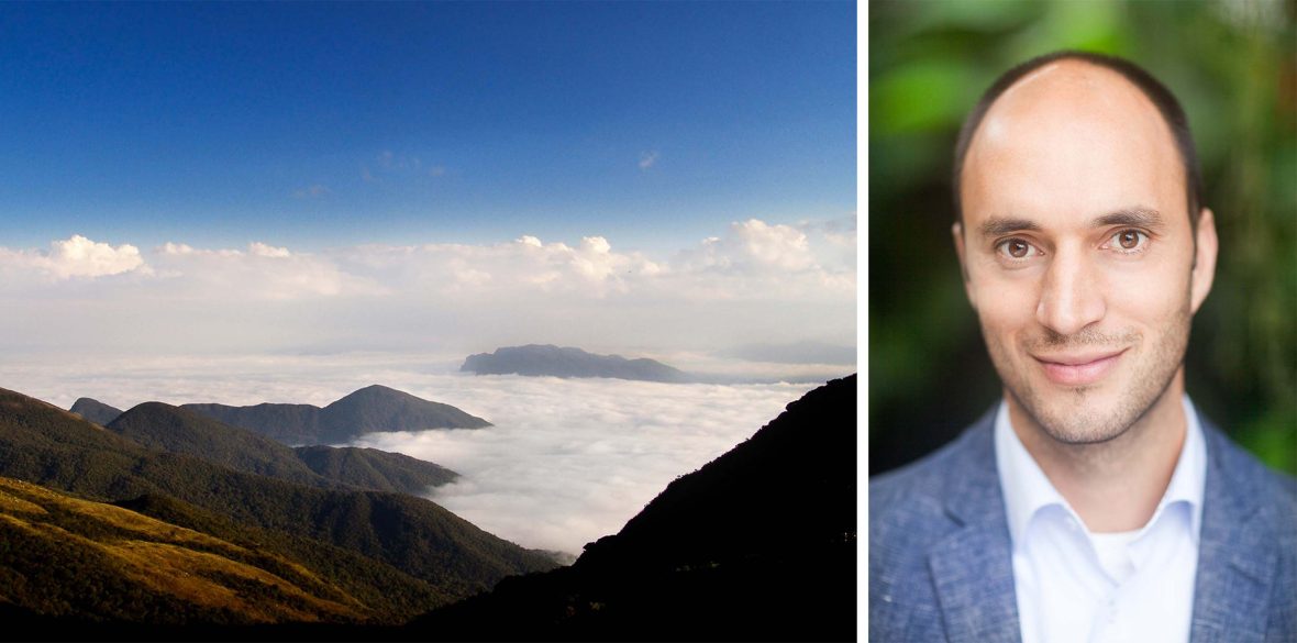 Left: Clouds sit above mountain peaks. Right: A head and shoulders headshot of a man smiling.