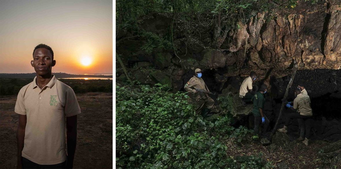 Left: A portrait of a man in front of a setting sun. Right: A team of people in the opening of a cave.