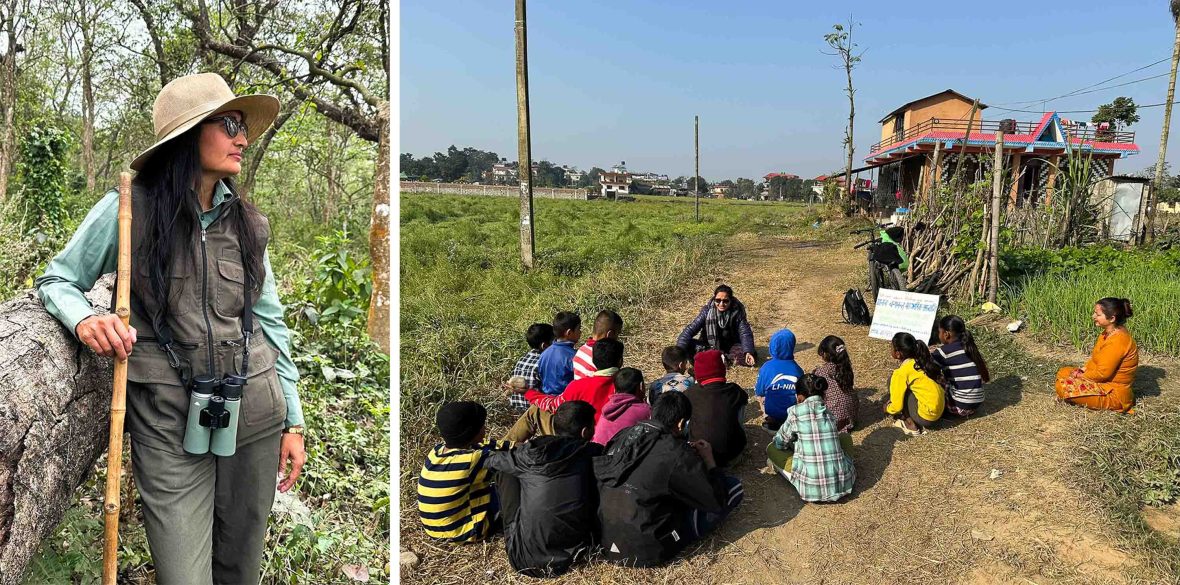 Left: A woman in a wide brimmed hat and green clothes holds a stick and looks away in a jungle setting. Right: A group of women sit on the ground in a grassy area and listen to training from another.
