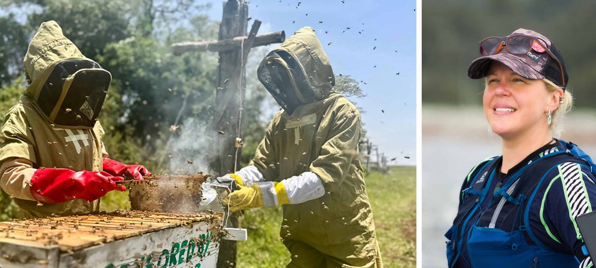 Left: Beekeepers at work. Right: A portrait of a blonde woman in hiking attire looking away.