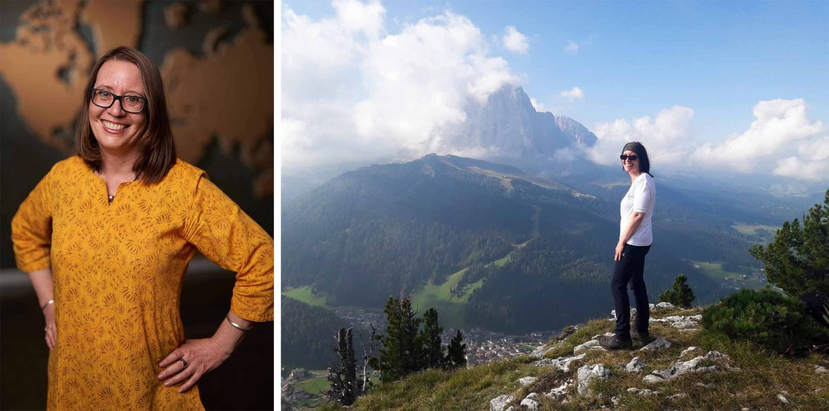 Left: A portrait of a woman in yellow with her hands on her hips. Right: A woman stands overlooking a view of mountains.
