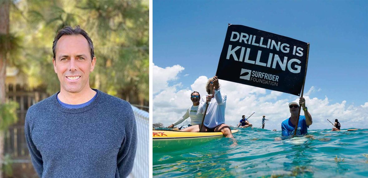 Left: A portrait of a man. Right: Protestors in the sea hold a sign that reads 'Drilling is killing'.