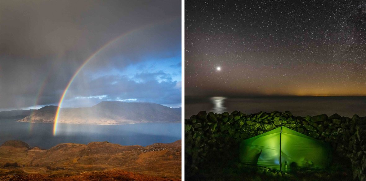 Left: A hailbow above water and mountains. Right: A star filled night sky above an illuimated green tent at night.