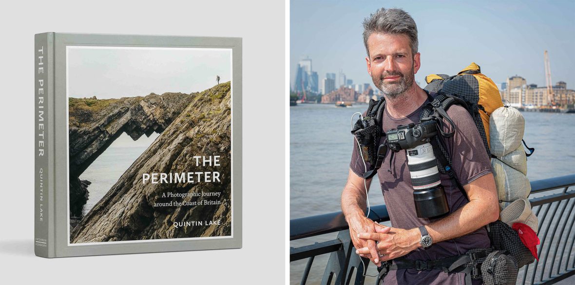Left: The cover of a book which has a coastal rock and a single person on it. Right: A man with a camera attached to the front of his backpack smiles to camera. Right