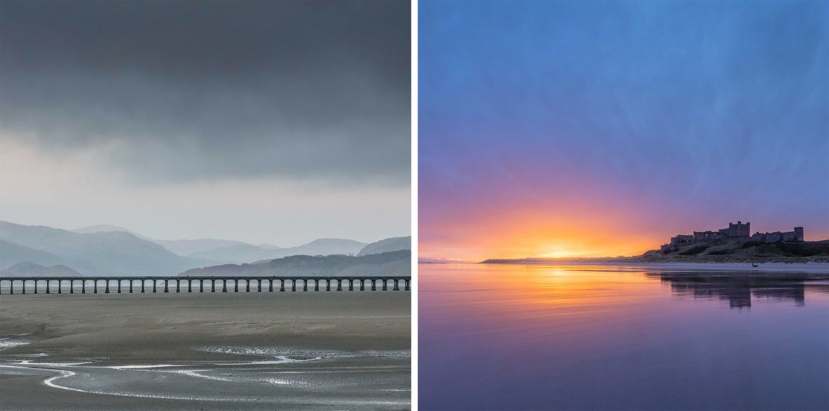 Left: A bridge crosses a lake with mountains behind. Skies are grey and cloudy. Right: The sun sets over a castle.