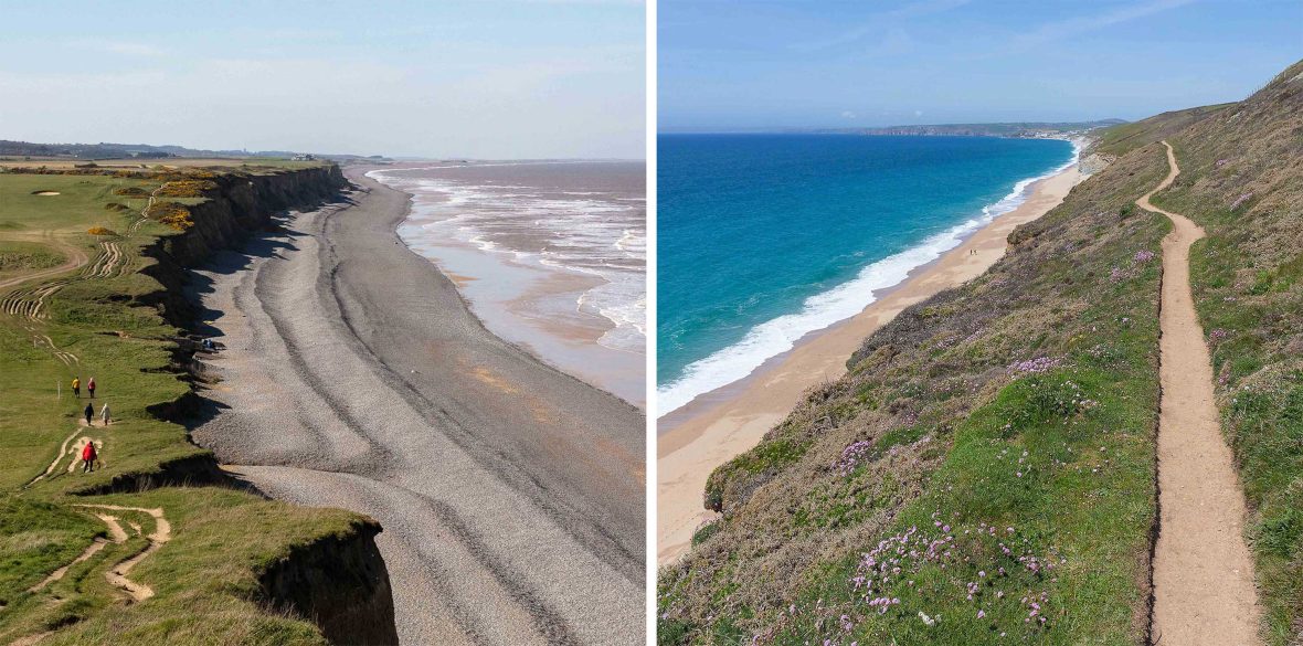 Two photos showing pedestrian paths along coast.