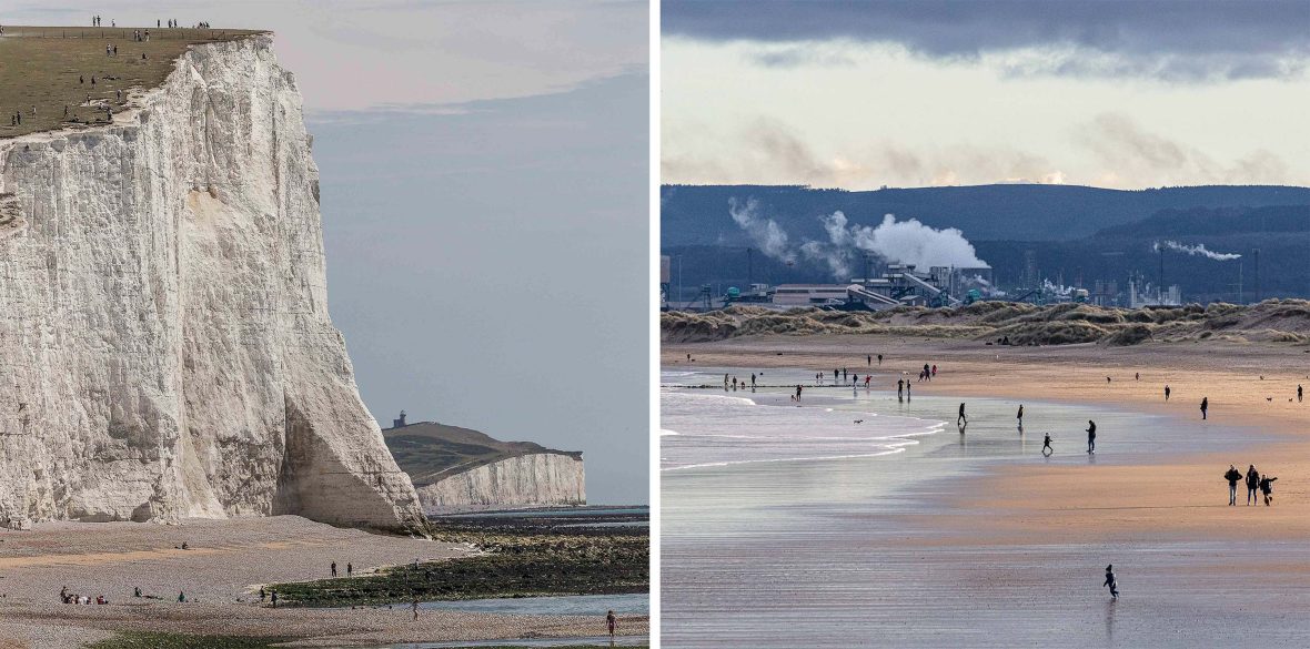 Left: Steep white cliffs drop to a beach below. Right: People on a beach with a city in the background.