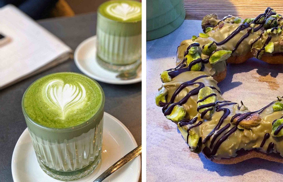 Left: Two matcha lattes on a table. Right: A doughnut covered in chocolate and pistachio.