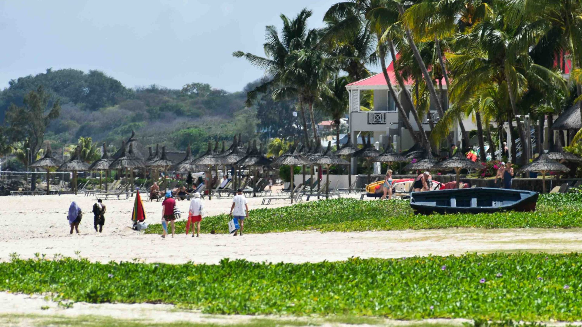 People walk along a beach lined with buildings and trees.