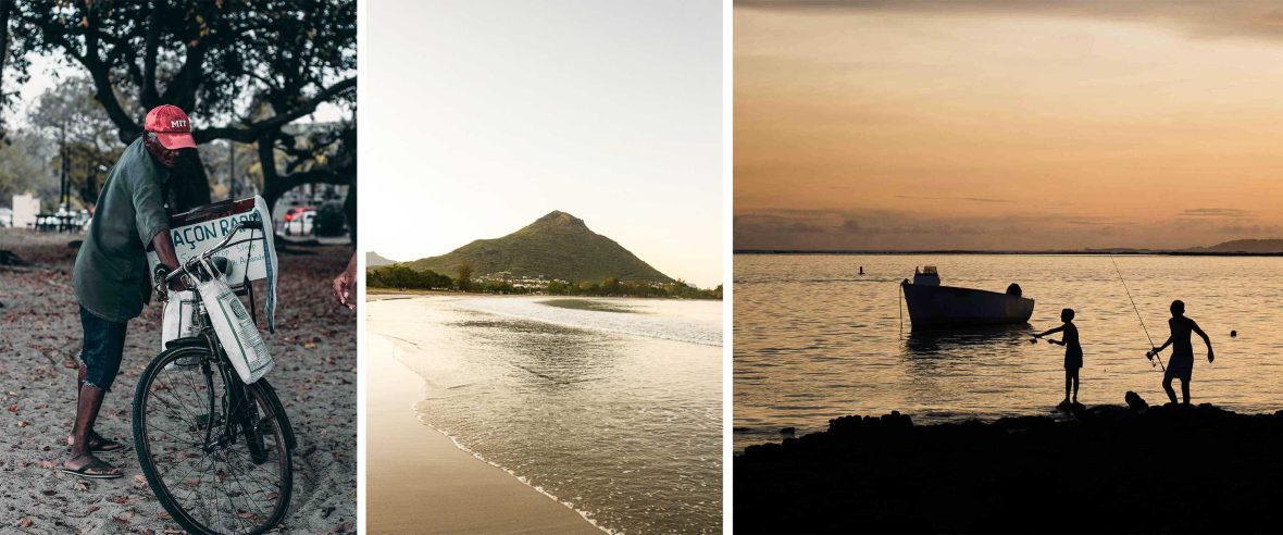 Left: A man with his bike on a beach. Middle: A beach with a mountain at the end. Right: Silhouettes of children fishing off rocks at sunset.