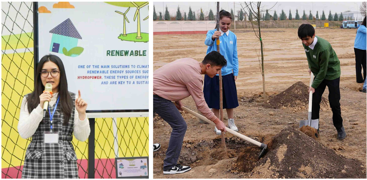 Woman speaks into microphone, young people work with soil.