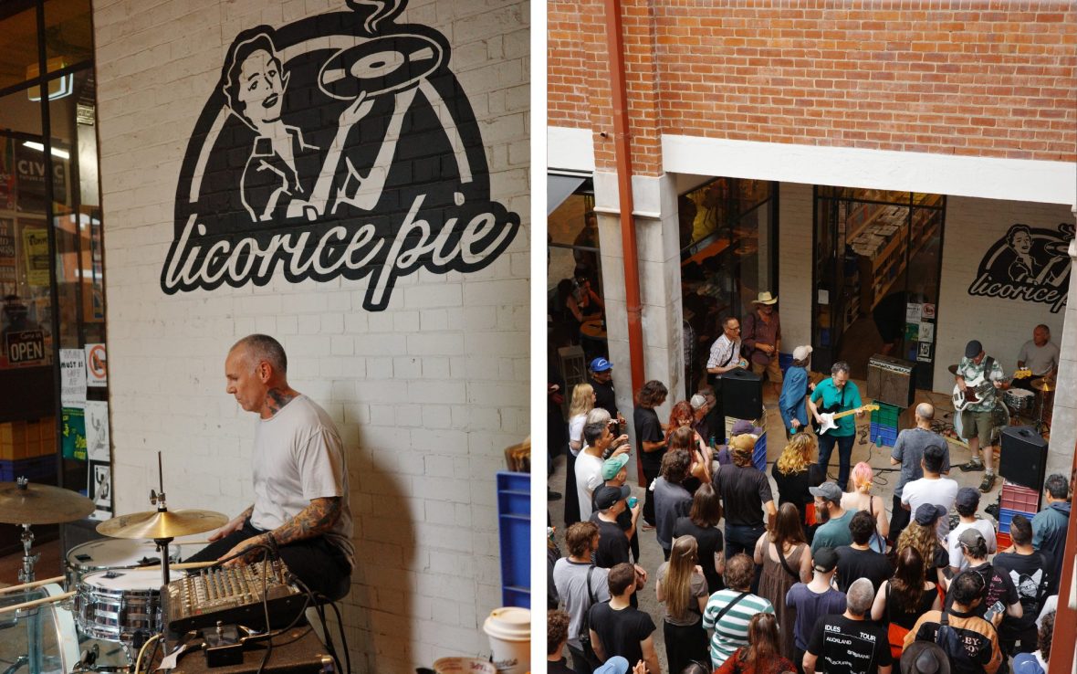 Left: Man in white t-shit plays drums; Right: Crowd gathers in front of band