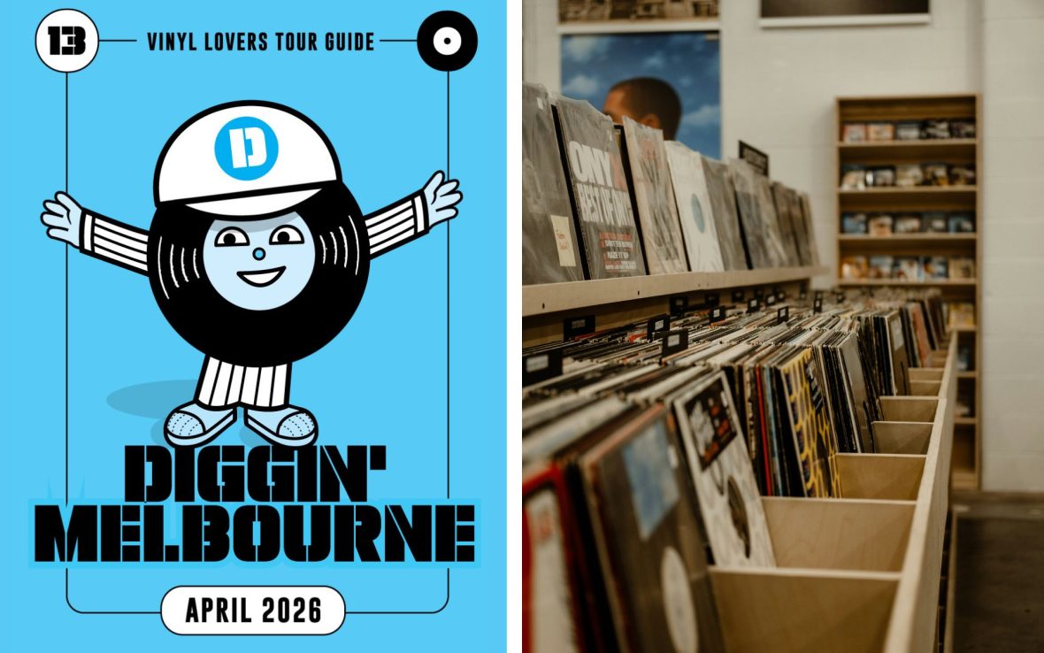 Left: Blue poster for 'Diggin' Melbourne'; Right: Record crates