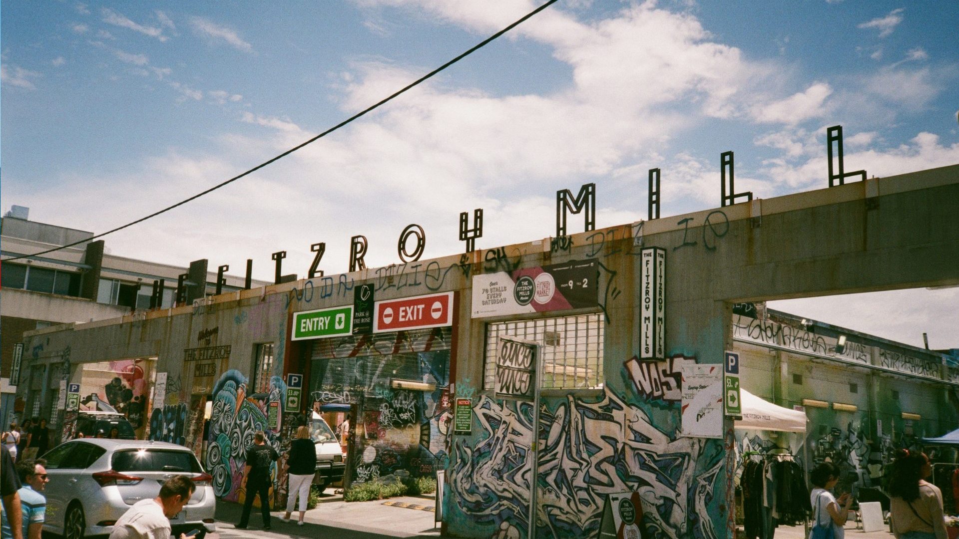 Graffiti wall with sign 'Fitzroy Mall'