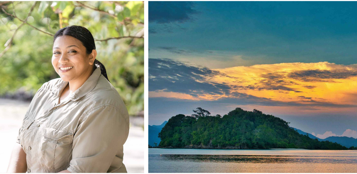 Left: Woman wearing khaki shirt smiles; Right: Island at sunset under blue sky.