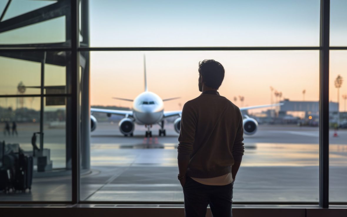 Man looks out through airport windows to plane on the tarmac.