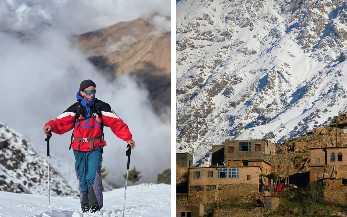 Left: Man walks in snow using two ski poles; Right: Brown village buildings against snowy landscape.