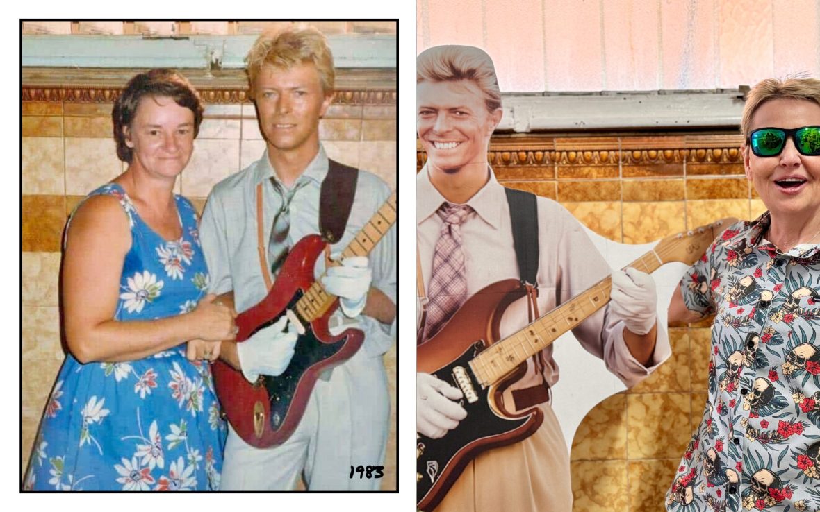 Left: Woman in blue dress smiles next to man with guitar; Right: Woman in sunglasses smiles next to cardboard cutout of man with guitar.