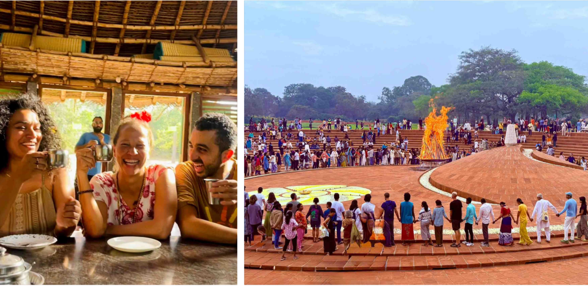 Left: Group of people drink and eat together at wooden table; A large group of people stand in a circle around a fire pit.