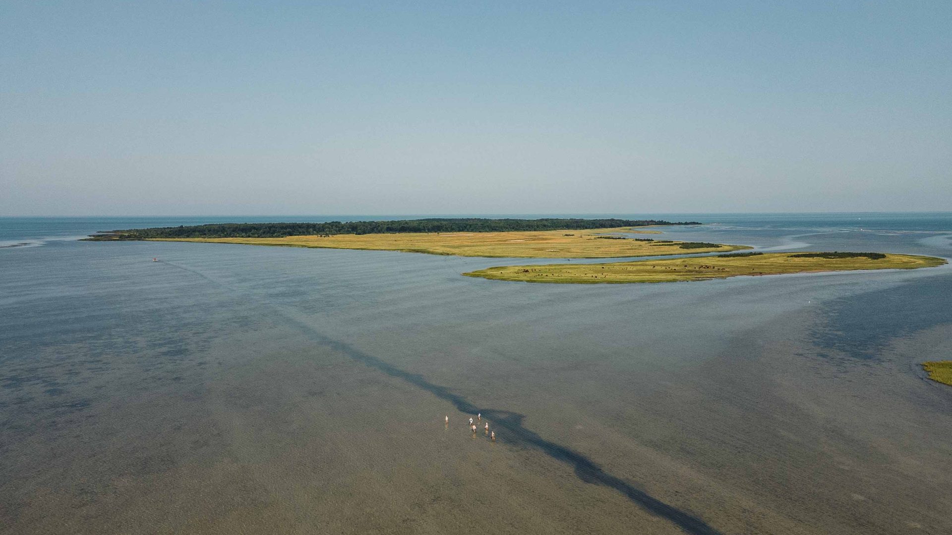 Some people walk through low water to a small flat area of green land.