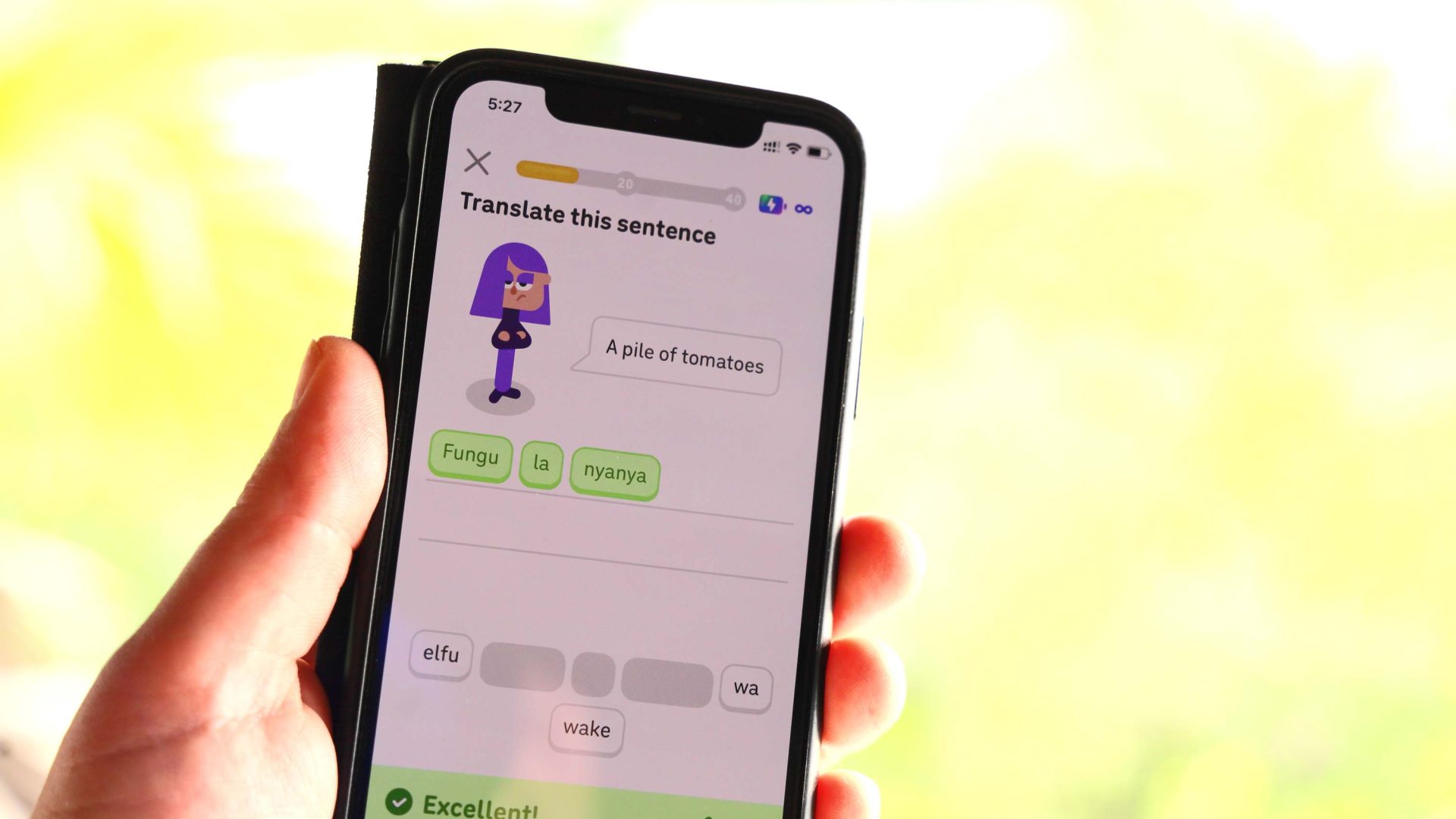 A hand holds a phone with Duolingo open to the phrase 'A pile of tomatoes'.